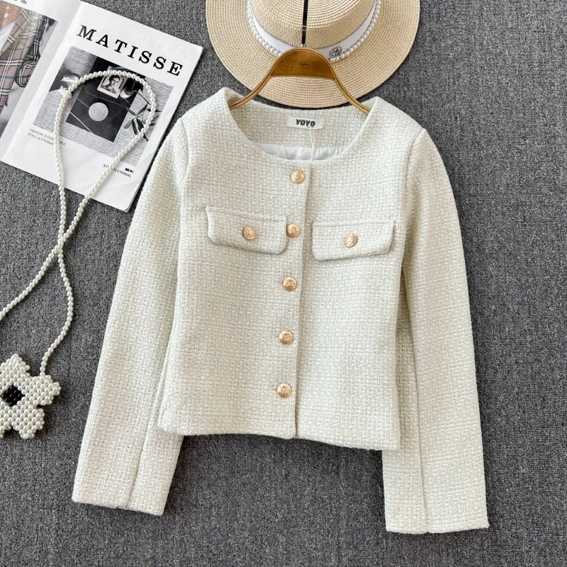 Autumn Winter French Woolen Tweed Short Jacket Women's Chic Golden Buttons Long Sleeve Coat Female Single Breasted Top Outwear