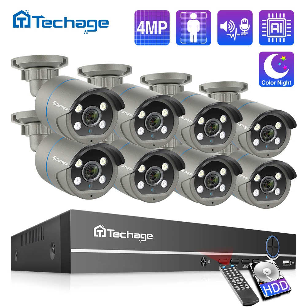 Techage 4MP H.265 8CH POE Camera System Two-way Audio Security Surveillance NVR Up to 16CH For POE IP Camera CCTV Video