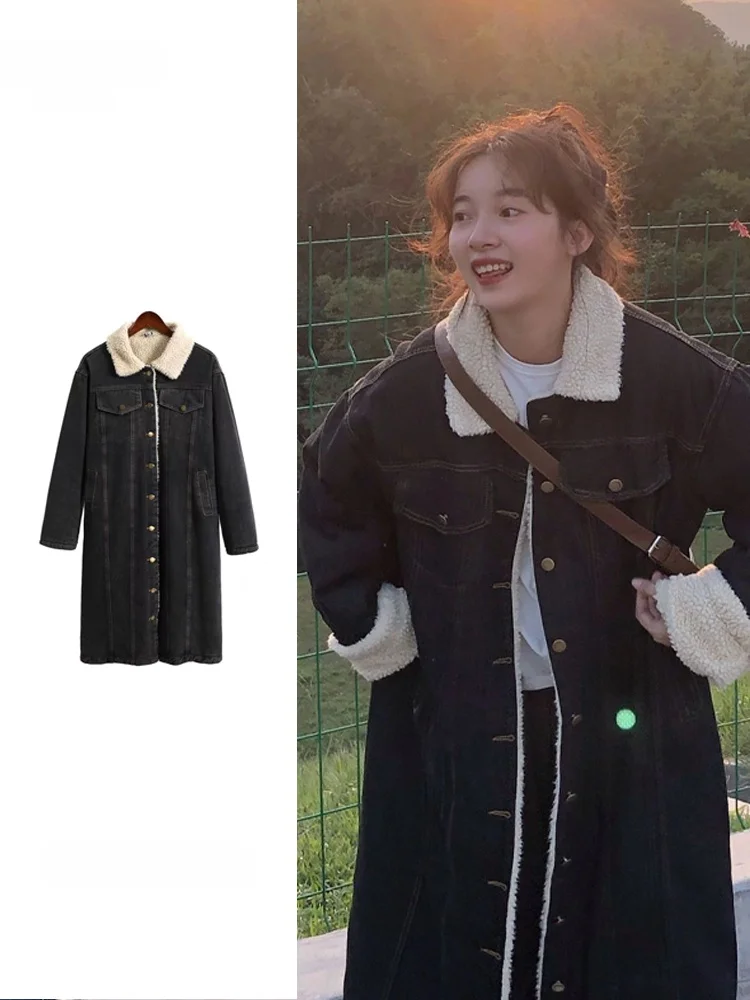 Long Over-Knee Sheepskin Cotton Jacket Women's Autumn Winter Korean Style Loose Versatile Straight Tube Large Pocket Denim Coat