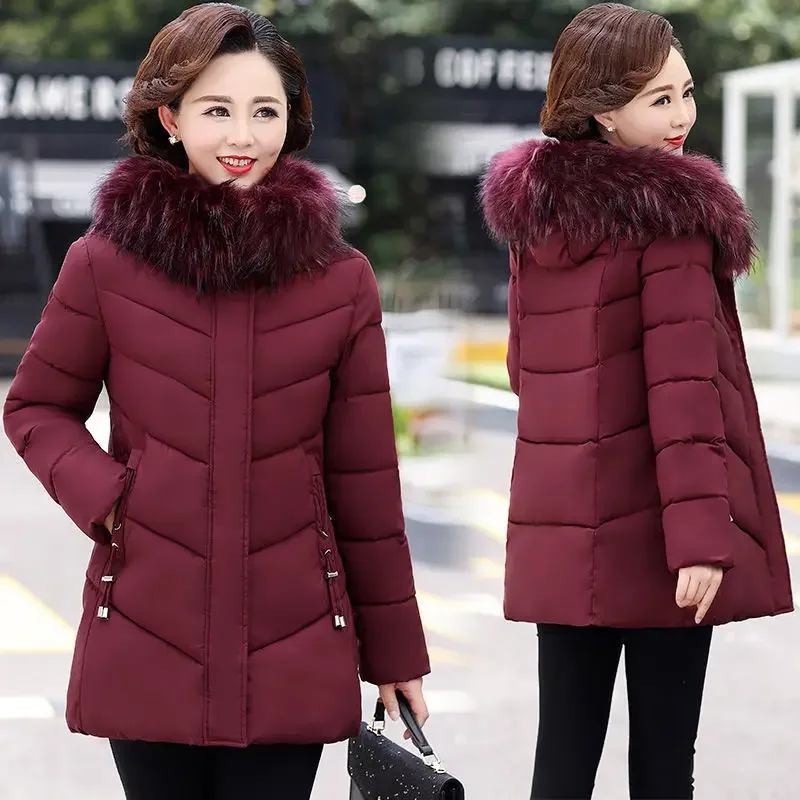 

Women's Parkas Medium Long Fashion Fur Collar Hooded Jackets Middle-aged Women Overcoat Thickening Warm Zippers Pockets Clothes