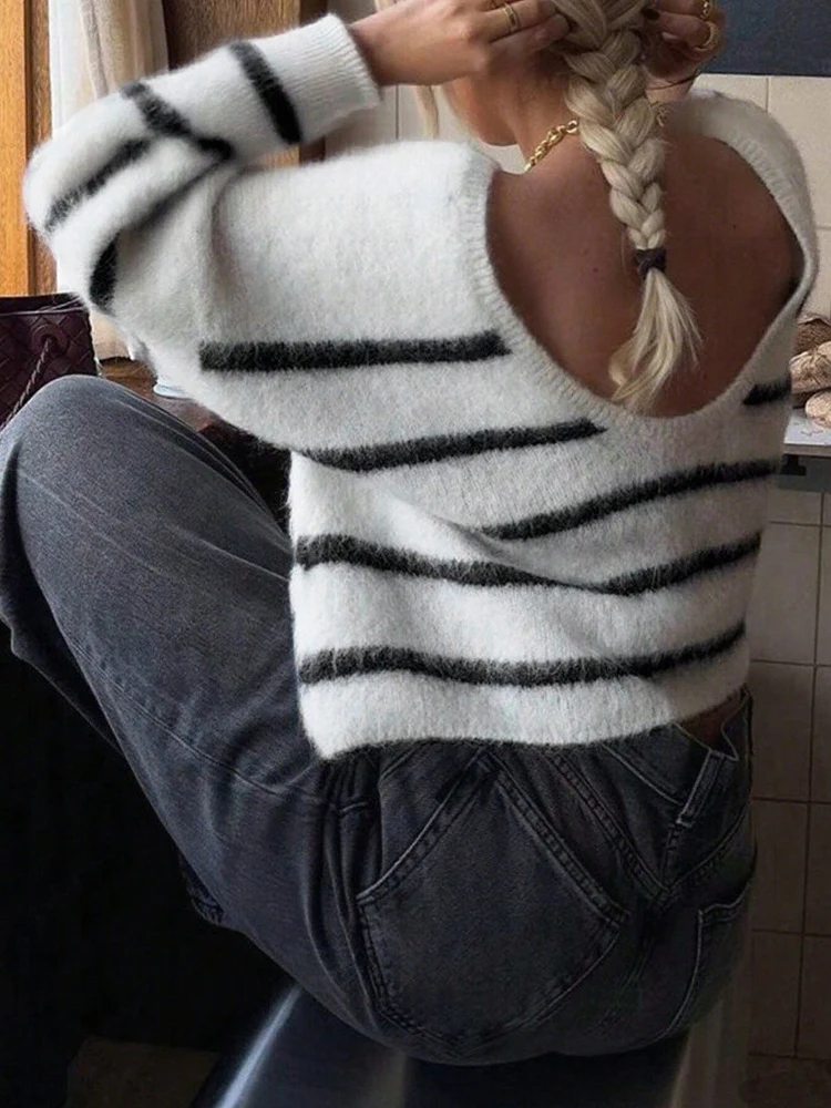 

Lady Autumn Winter New Commute Jumpers Sexy Backless V-neck Stripe Printed Knitted Pullovers Fashion Long Sleeve Loose Sweater