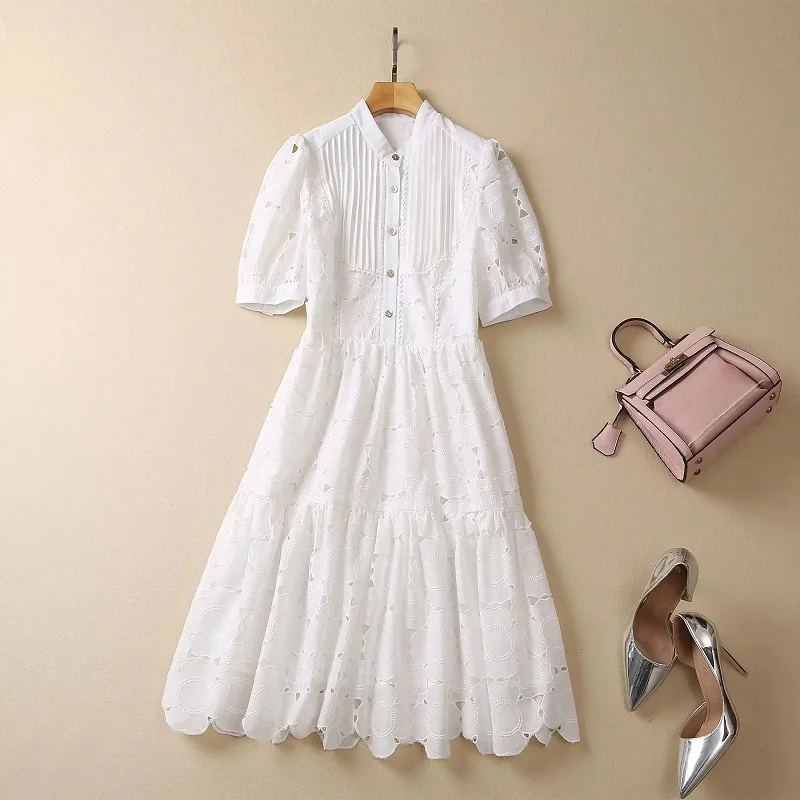 

XXL Size Summer Dress 2023 High Quality Clothing Ladies Allover Geometric Patterns Embroidery Short Sleeve A-Line White Dress