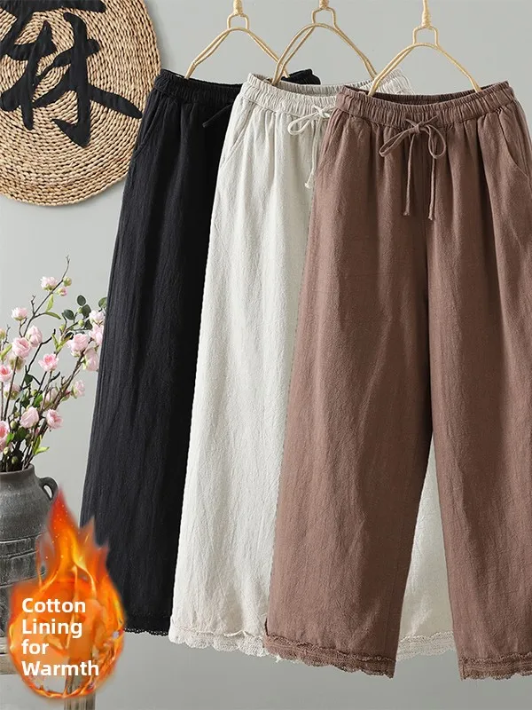 Casual katoenen broek Hoge taille Rechte pijpen Losvallend Ademend Huidvriendelijk Kant Splitsen Veelzijdig linnen Herfst Winter Sle