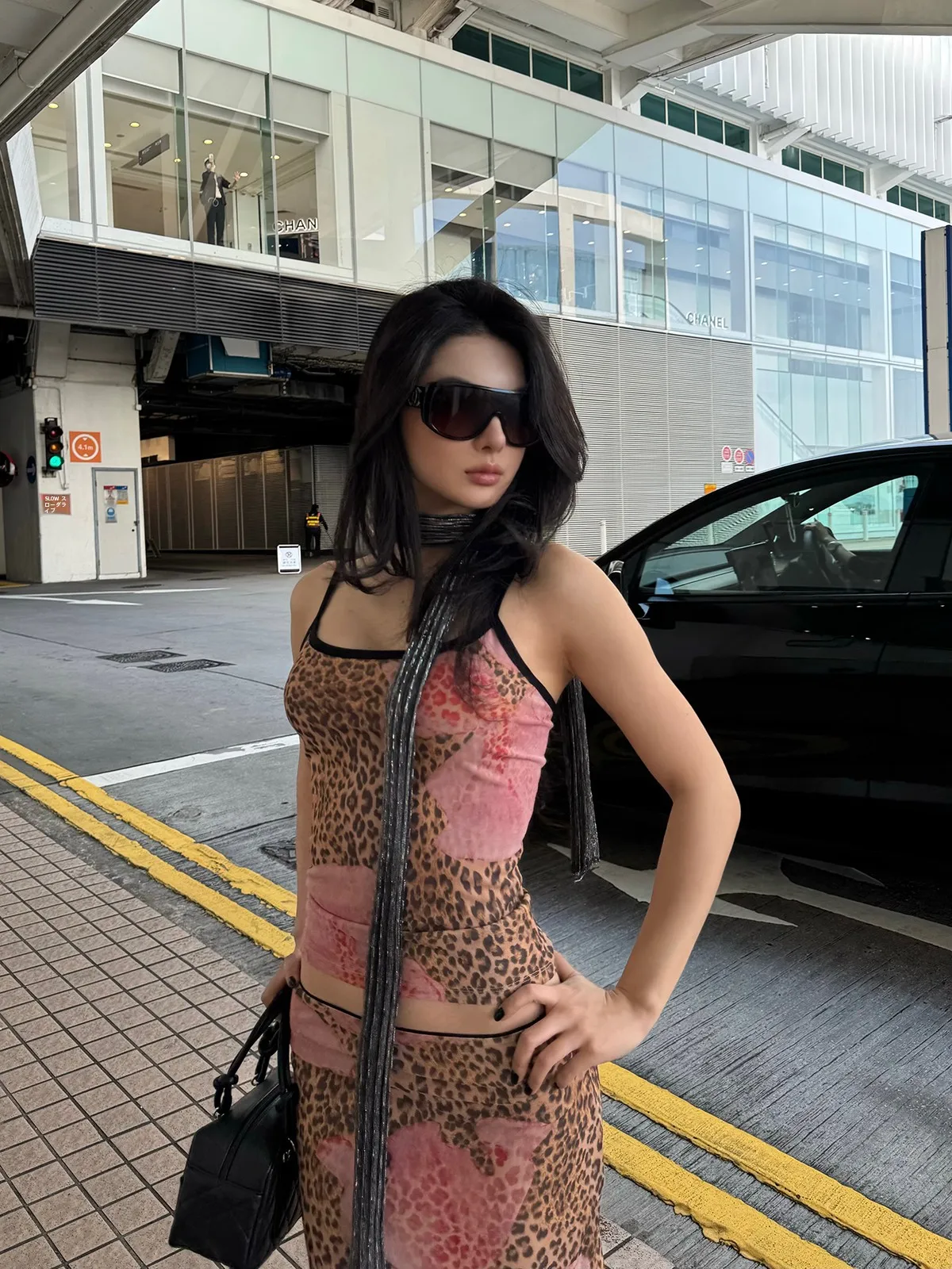 

Ele Lady Leopard Print Flower Layered Double Layered Me Set Spring Faion Women's High Waist Crop Top Skirt Set