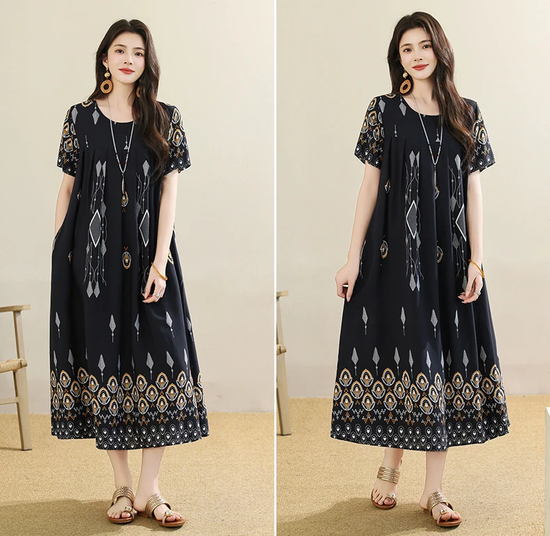 New 2025 Summer Dress For Women Plus Size Dress Casual Short Sleeve Boho Vintage Print Long Maxi Dress Beach Women Clothing