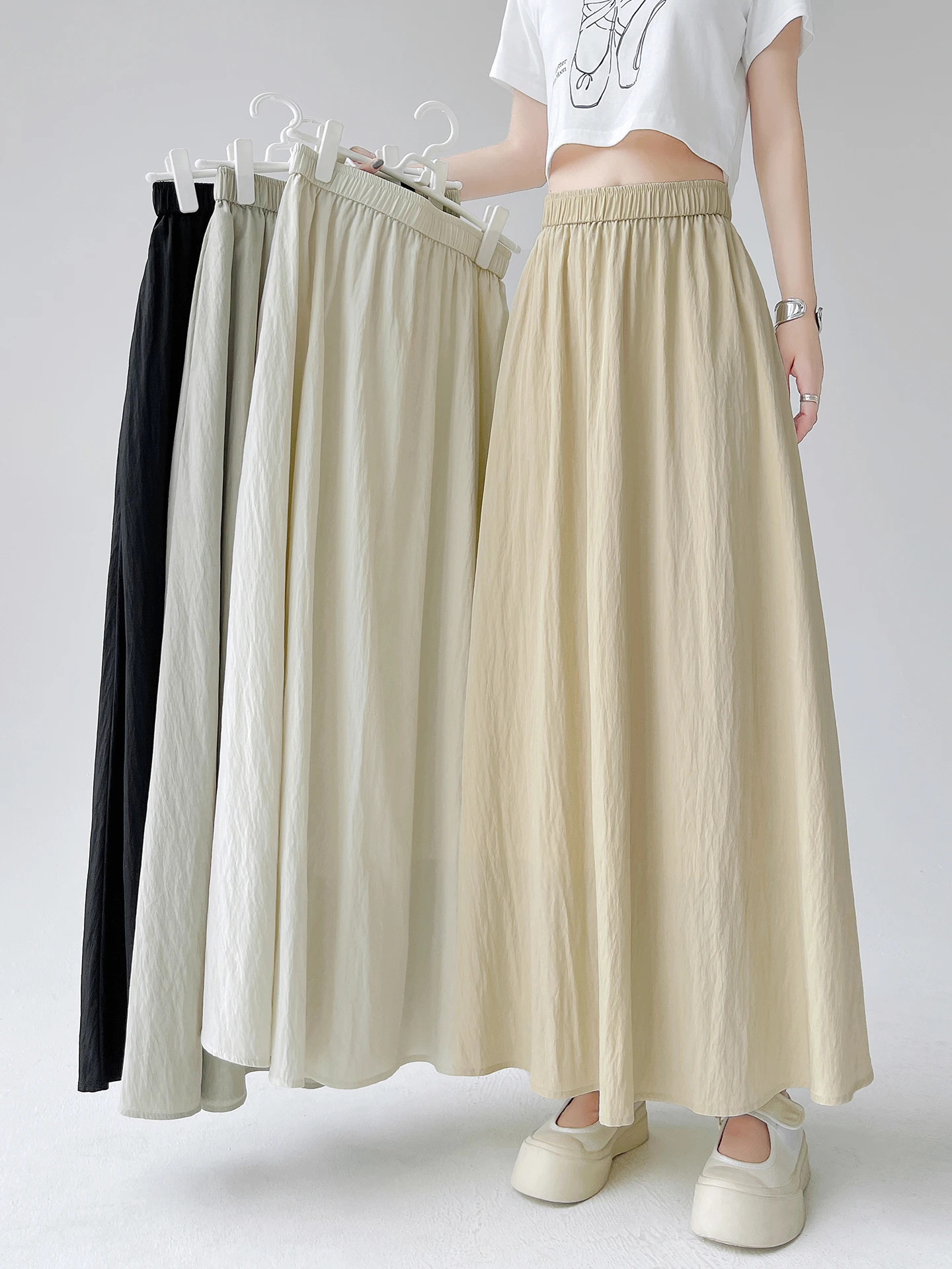 

Летняя женская юбка из ледяного шелка с эффектом прохлады, тонкая, струящаяся, с широким А-образным подолом, средней длины, из хлопка, в стиле Ямамото.