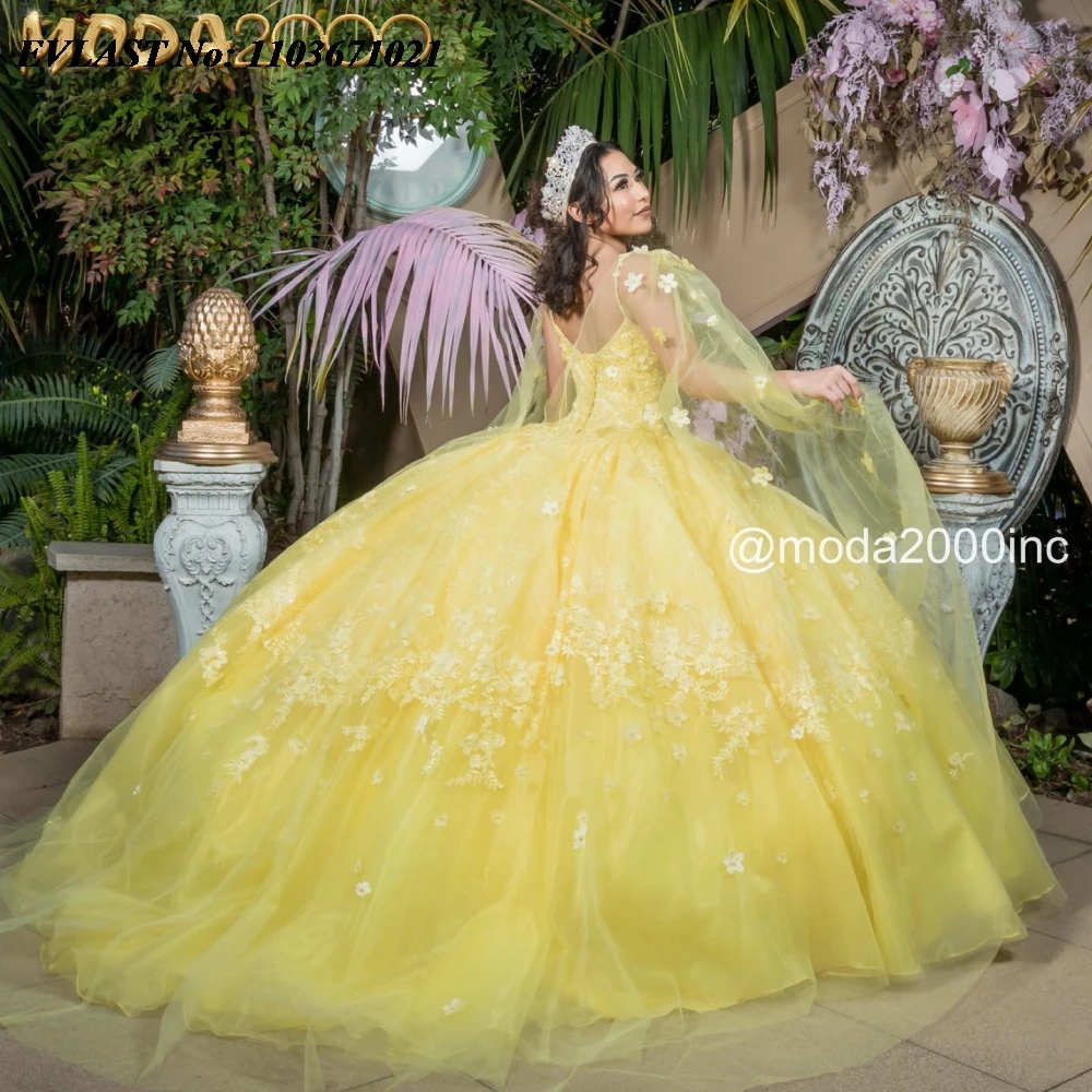 EVLAST-Vestido Quinnceanera Amarelo Brilhante, Aplique Floral, Cristal Frisado com Capa, Vestido de Baile Sweet 16, SQ582, 16