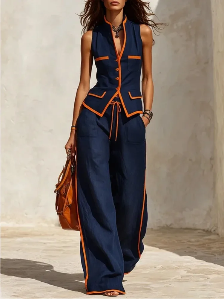 Yeezzi Women Contrast Color Wide Leg Matching Pants Drawstring Elastic High Waist Pockets Casual Office Loose Trousers Bottoms view 5