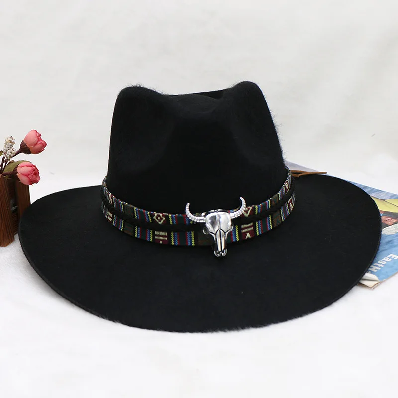 

Ox Head Decorative Woolen Cowboy Hat Men's Jazz Top Hat Hot Sale In Europe And America Autumn And Winter Hat Tibetan Hat