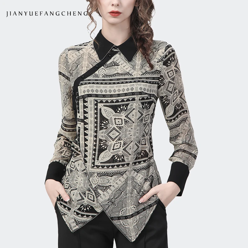 

Винтажная шифоновая блузка в стиле бохо с геометрическим принтом, женская весна-лето, новая длинная рубашка-поло с длинными рукавами, тонкие рабочие топы