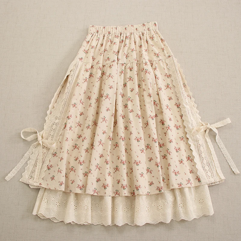 Spring New Japanese Sweet Mori Girl Vintage Floral Printed Skirts Women Elastic Waist Double Layer Casual Loose A-Line Skirts