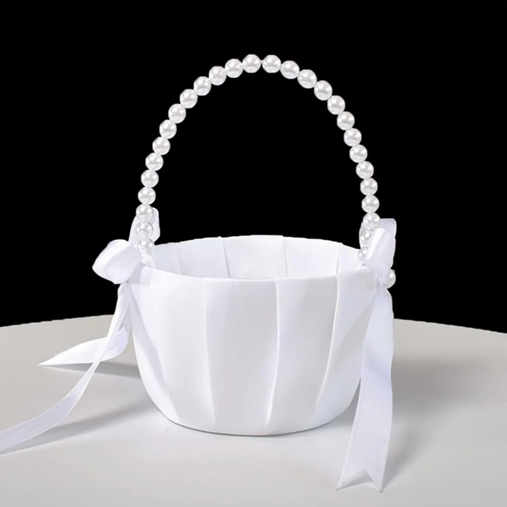 Свадебные корзины для девочек-цветочниц с жемчужной ручкой, атласные цветочные корзины с бантом для коллекции жемчуга для девочек-цветочниц, белые