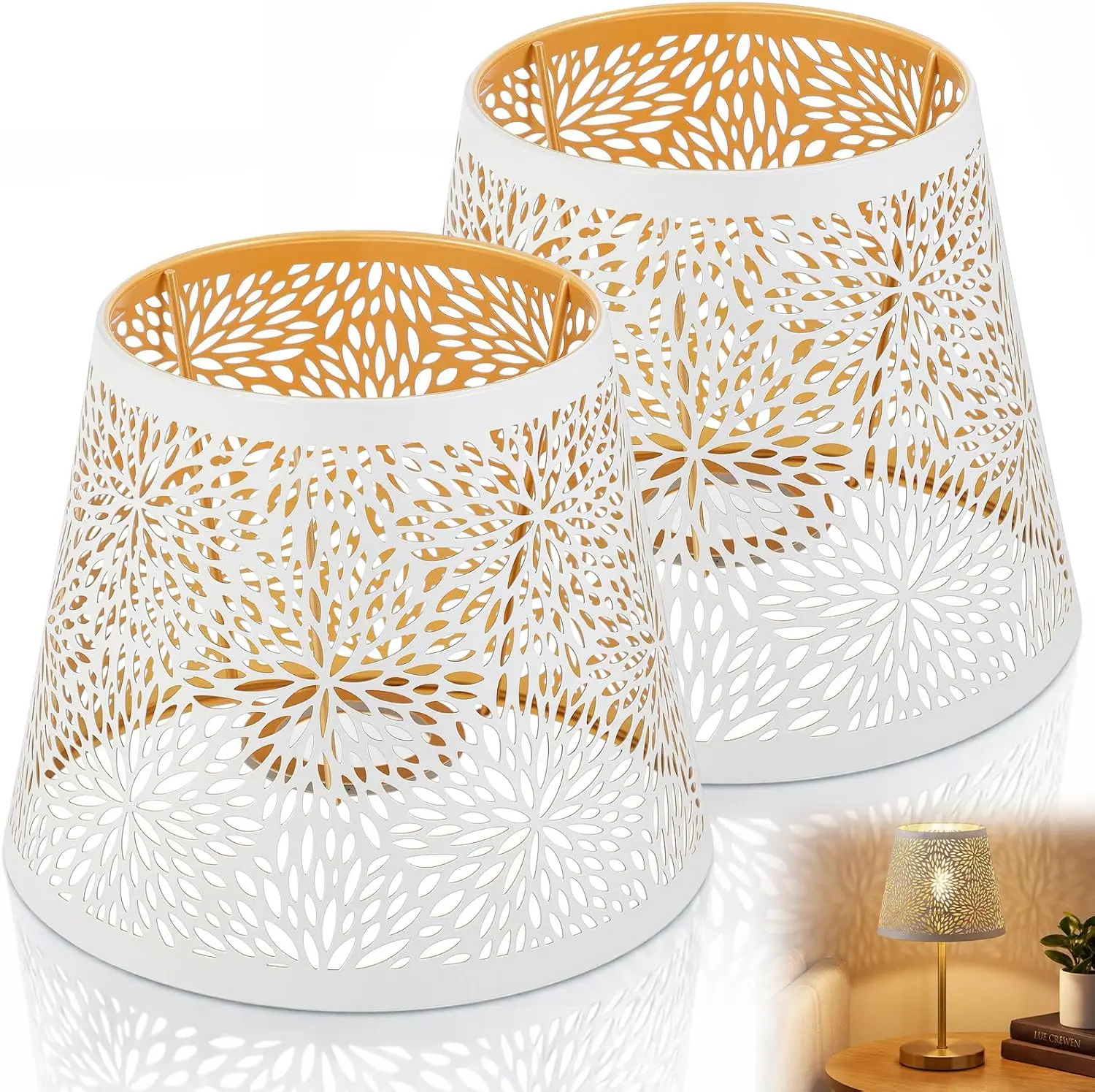 

2 Pcs Vintage Metal Lamp Shade, Floral Shadow Cutout Lampshade for E26/ E27, White Gold Decorative Hollow out Lampshades