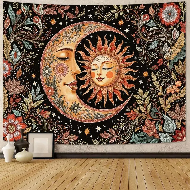 VIKAMA Monarch Butterfly Tapestry Boho Sunflower Crescent Moon Starry Night Wall Hanging Dark Botanical Wall Decor Dorm