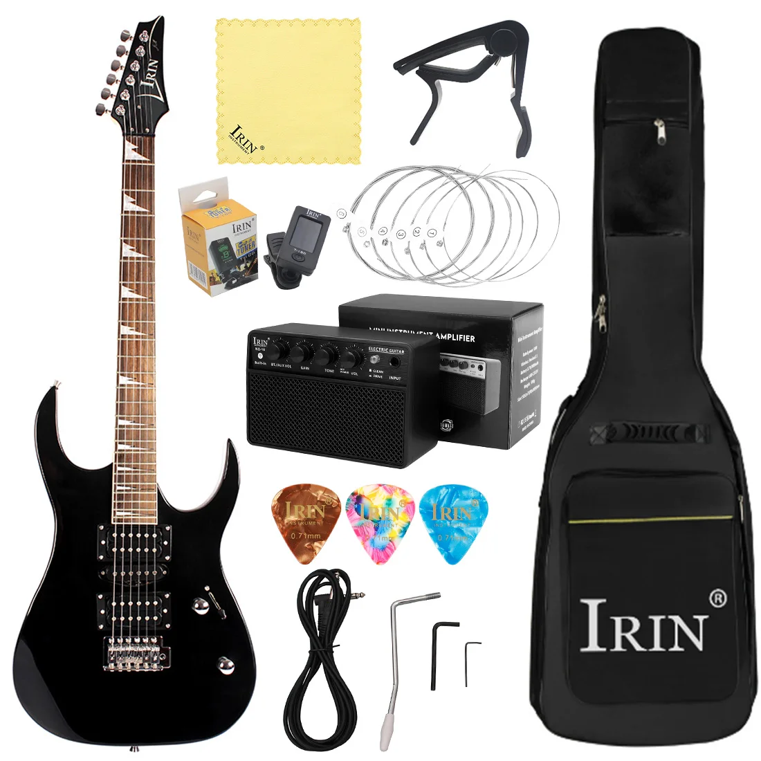 

IRIN Black 24 Frets Electric Guitar 6 Strings Maple Body Neck Guitarra with Bag Amplifier Tuner Capo Pick Cleaning Cloth Parts