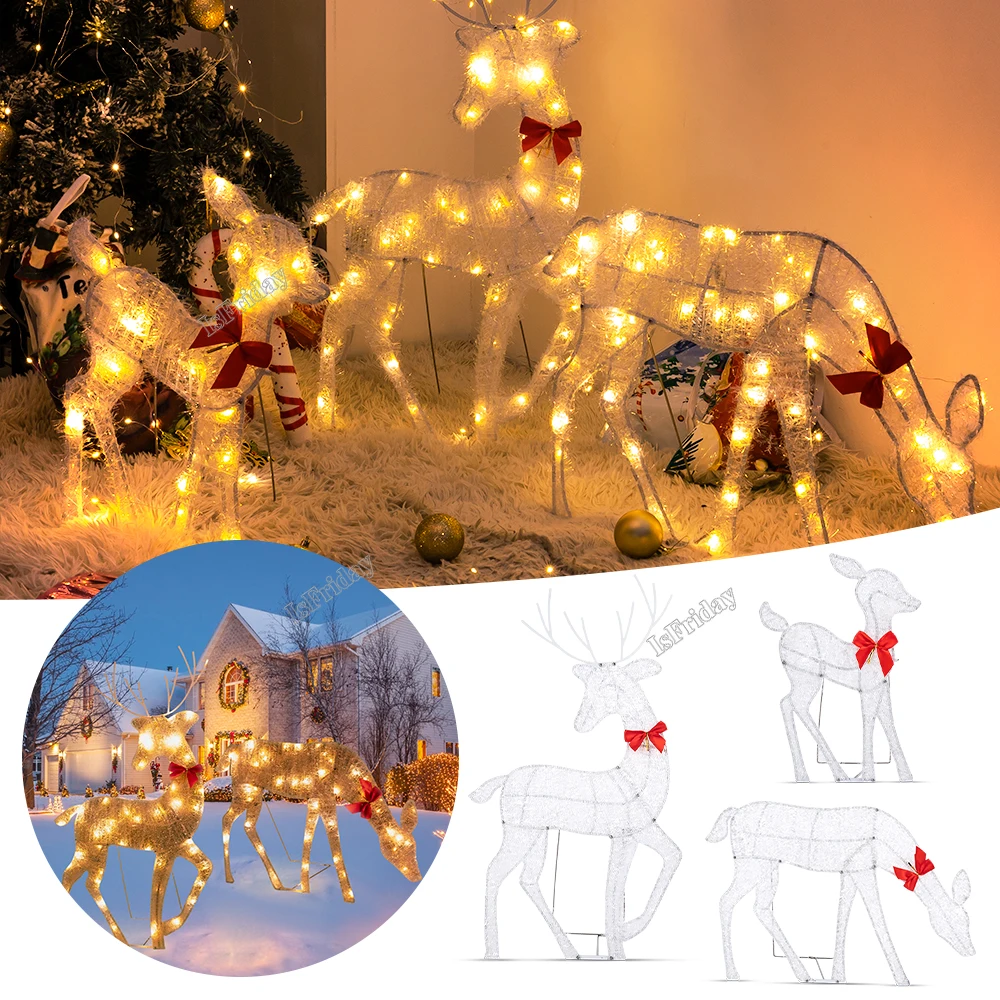 

3pcs Iron Art Elk Deer Christmas Garden Decoration With LED Light Glowing Glitter Reindeer Xmas Home Outdoor Yard Ornament Decor