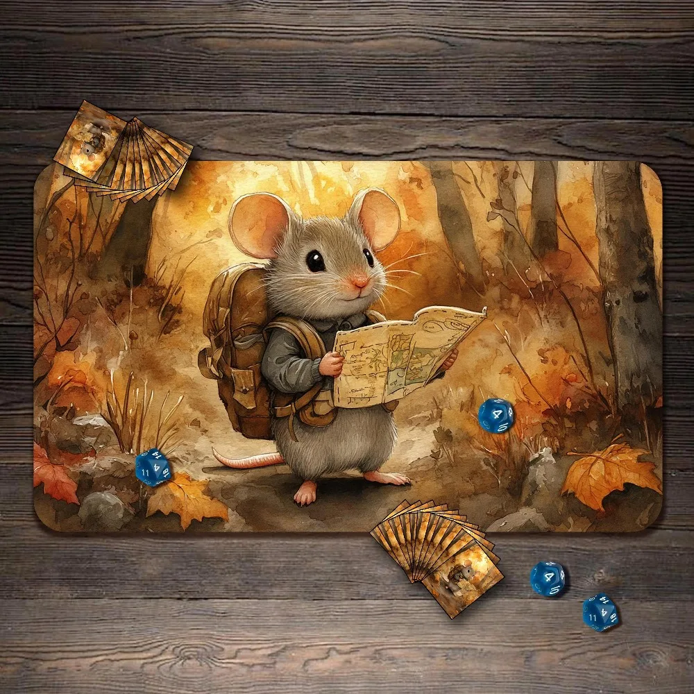 Watercolor Adventurer Mouse TCG Playmat Autumn Forest Background Watercolor Art Desk Mat for Card Game Esports Office Home Gift