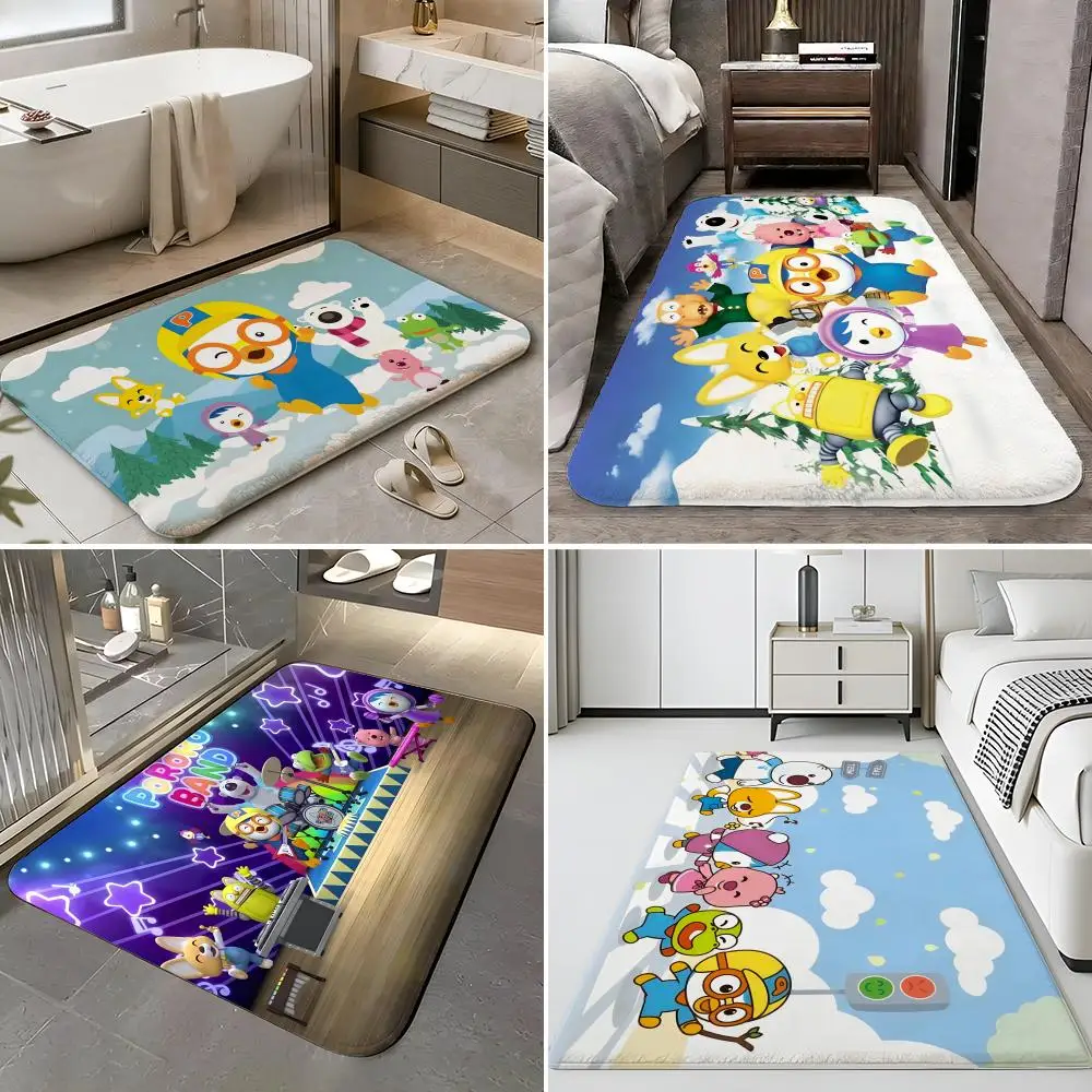 Anime P-Pororo the Little P-Penguin Floor Mat Soft Flannel Entrance Door Mat Non Slip Absorbent Bathroom Bedroom Floor Rug