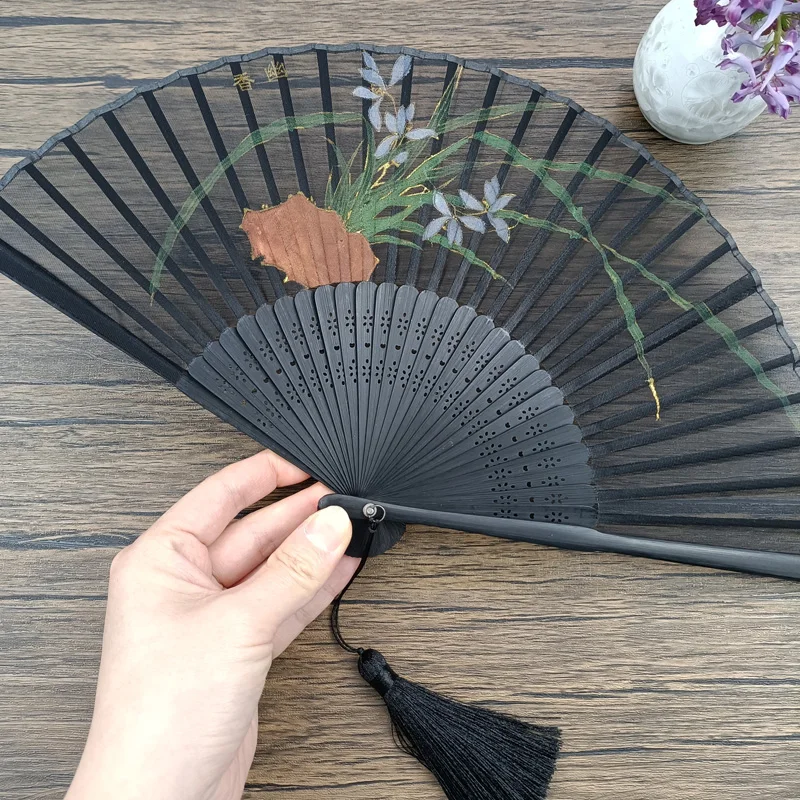 Hand-painted Orchid Women's Folding Fan Ancient Chinese Style Matching Hanfu Cheongsam Wedding Black Tassel Small Fan Jewelry