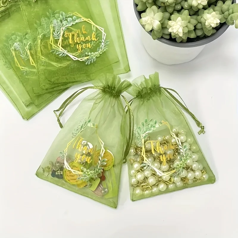 10/20pcs Green leaves thank you for printing organza bag drawstring bag thank-you gift, jewelry bracelet necklace storage bag