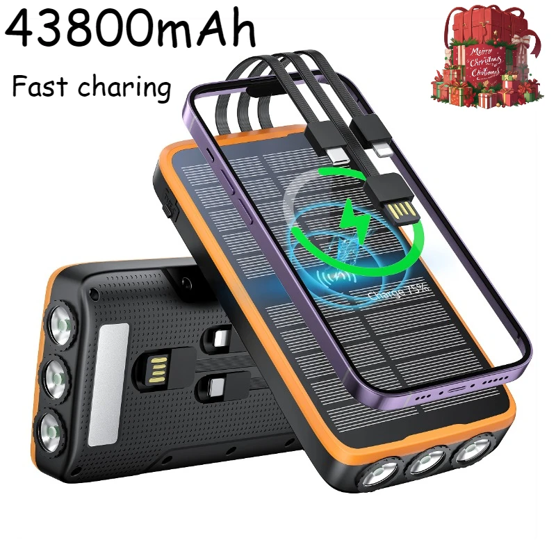 

43800mAh Comes with Three Cables Solar Power Bank, USB-C Fast Charging, Built-in Flashlight, Compatible with Most Electronics