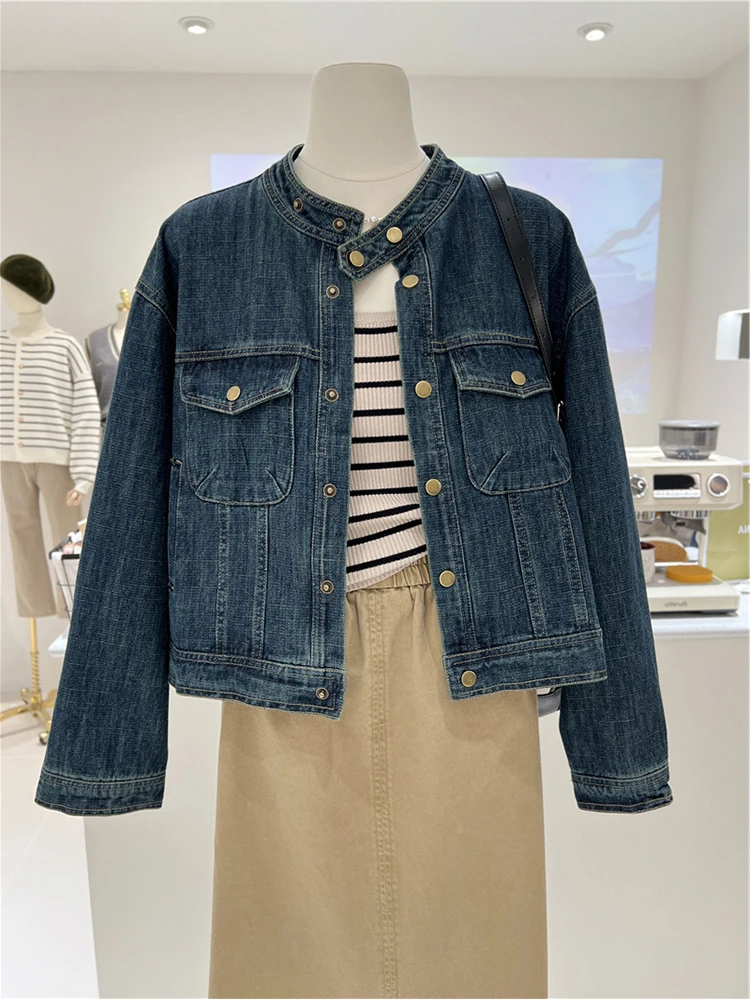 

Retro Korean Style Loose Fit Stand Collar Denim Jacket Women's Spring Autumn Casual Versatile Short Jacket Top Trendy