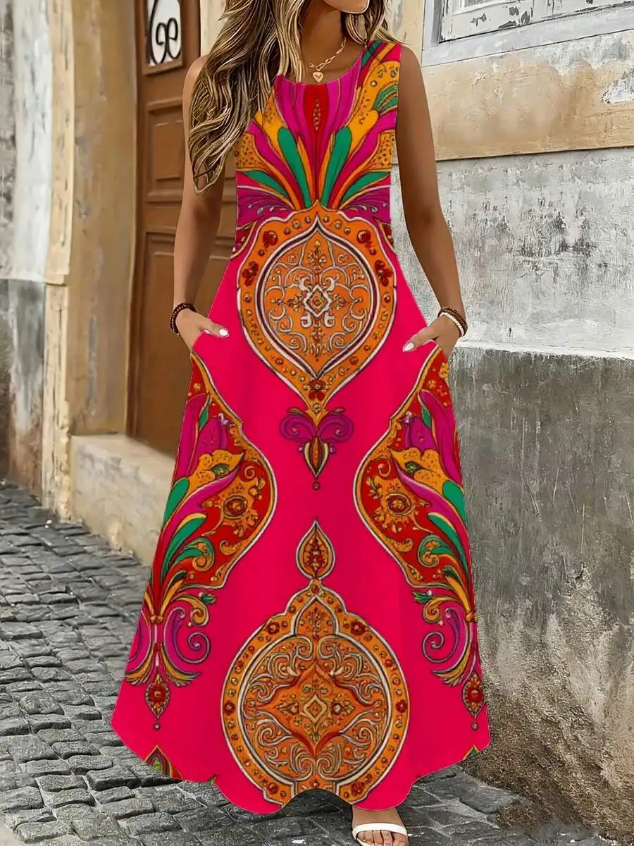 

Sleeveless Maxi Dress Pink Boho Print Summer Beach Vacation Women Fashion