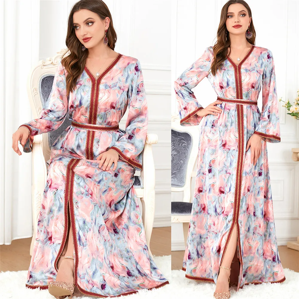 

Eid Abaya Muslim Women Long Dress Floral Print Maxi Robe Islamic Vestidos Dubai Arabic Turkey Middle East Evening Party Gown