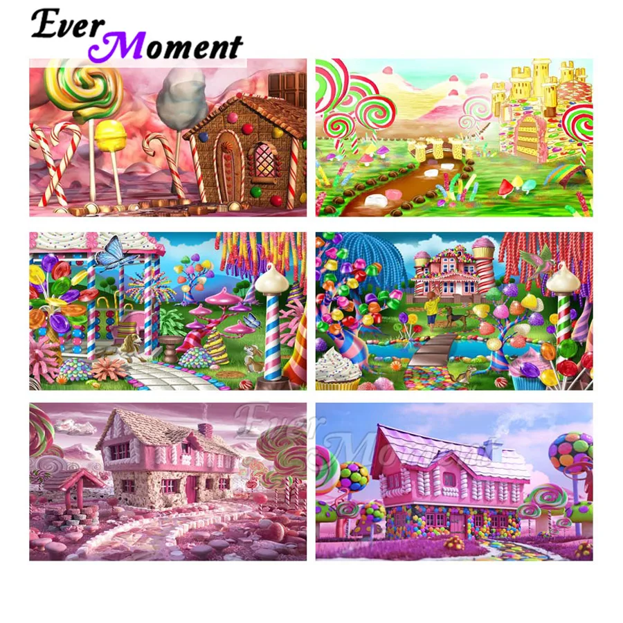 Ever Moment Diamond Painting Pink House Candy Lollipop Full Square Round Drill Mosaic Picture Of Rhinestone Embroidery ASF1869