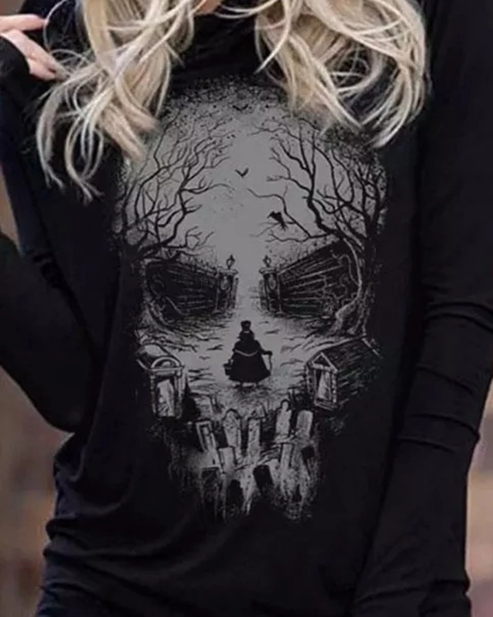 Damen Hoodie Tops lässig Herbst und Winter Mode Halloween Schädel Grafik druck Kapuze Langarm Sweatshirt