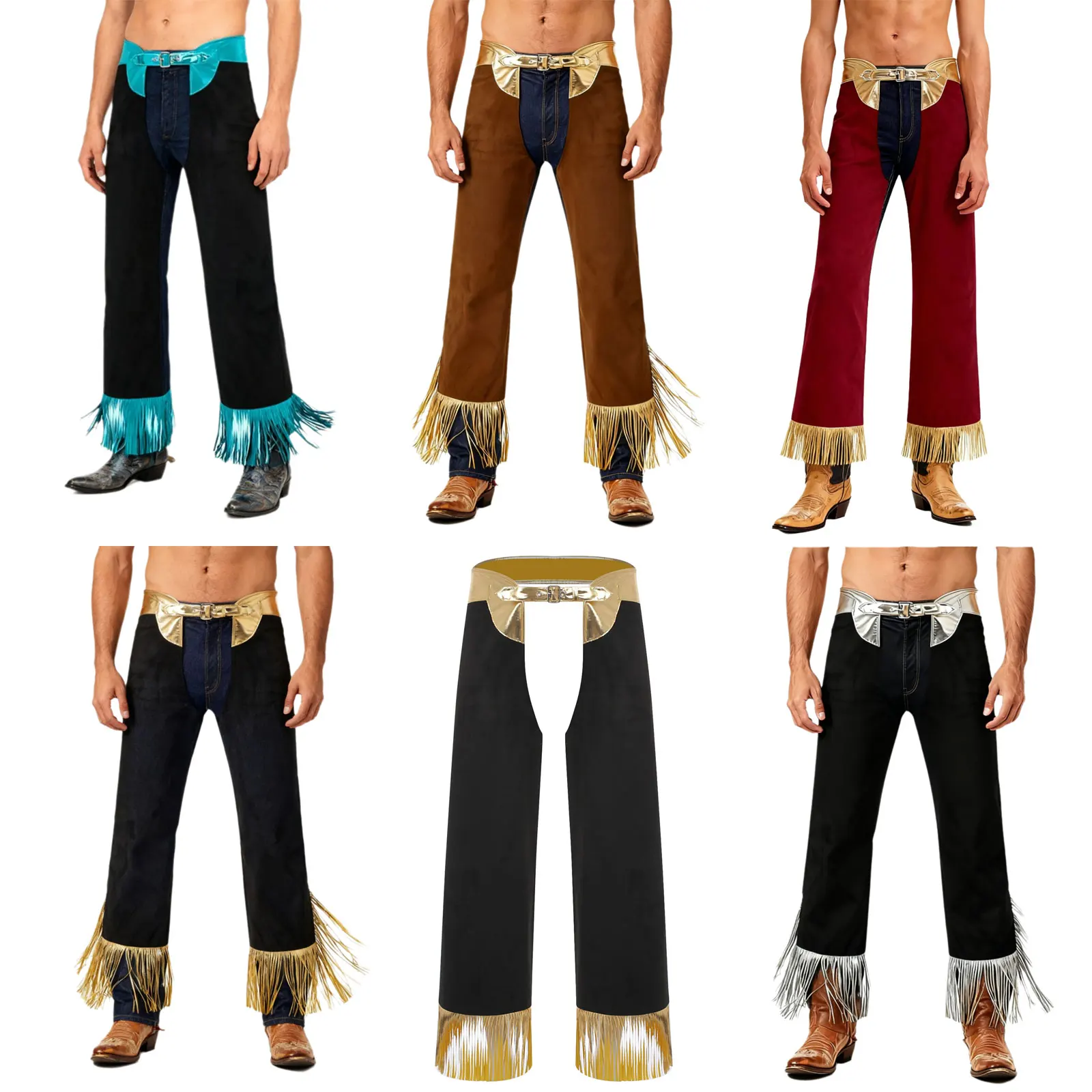 Męskie spodnie kowbojskie na Halloween, metaliczne, błyszczące, z frędzlami, regulowany pas, wycięty krok, długie spodnie do jazdy na byciach.
