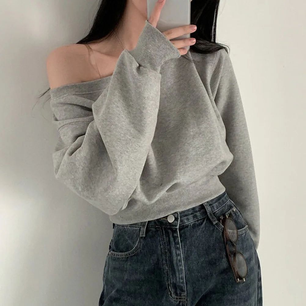 Women's Autumn Strapless Loose Long Sleeve Short T Shirt Fashionable Hundred Top