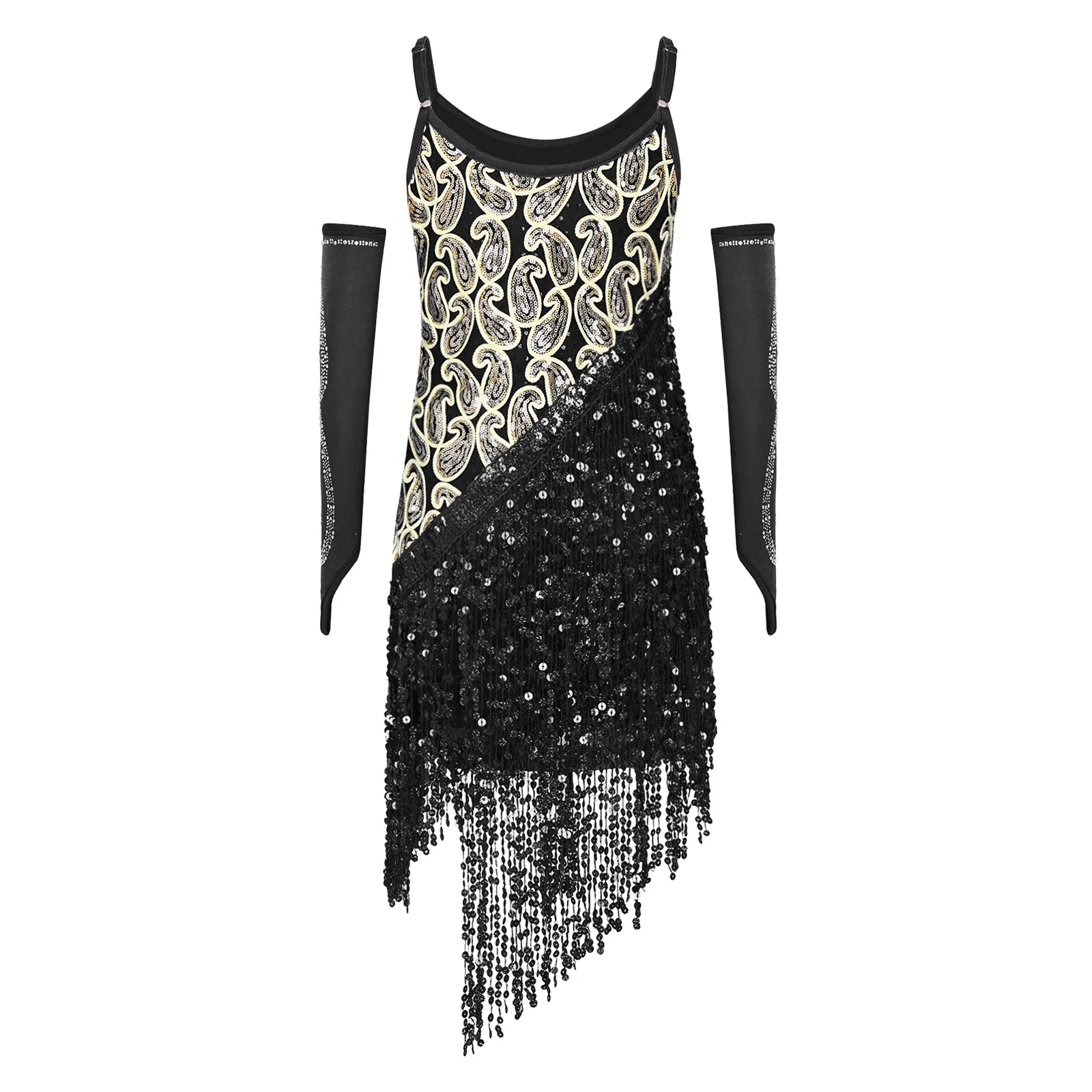 Kids Girls Rhythmic Salsa Cha-Cha Latin Dance Performance Outfit Set Adjustable Strap Sequin Rhinestone Tassel Dress With Gloves