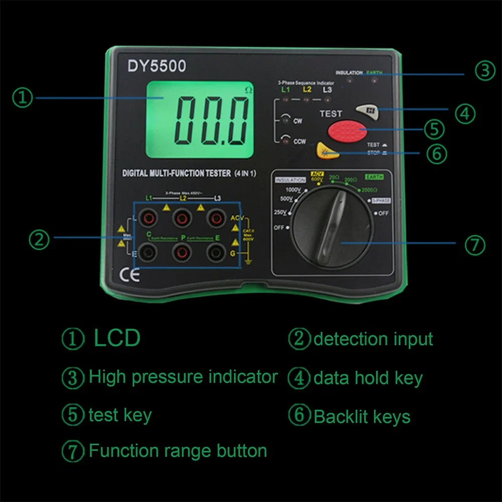 DY5500 4-in-1 Digital Multifunction Tester With Ground Earth Resistance Insulation Resistance Tester Phase Sequence Detector