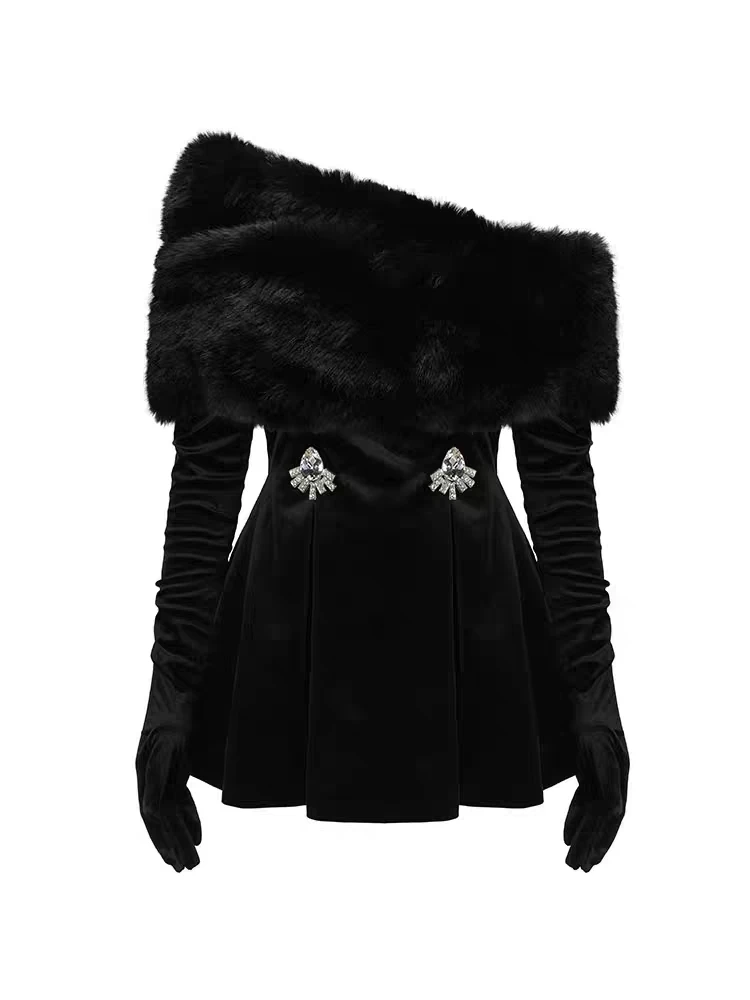 New Year Party Red Velvet Dress Women\'s 2023 Autumn Winter New Diamond Shoulder Detachable Fur Collar Christmas Dating Clothing