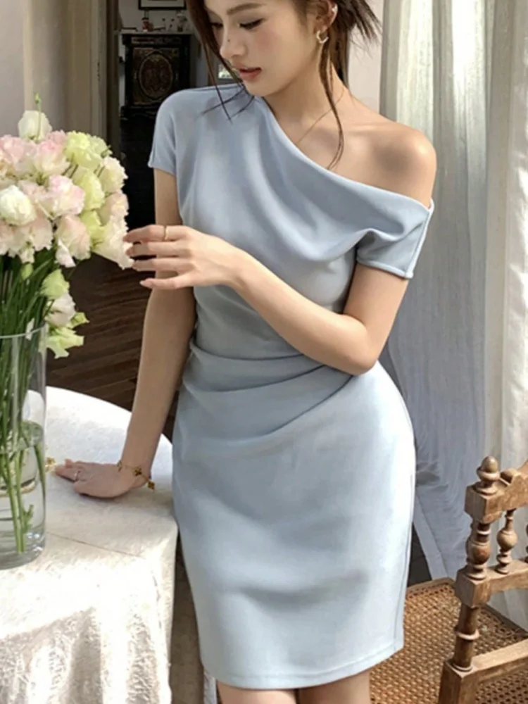 

Fashion Korean Bodycon A-Line Short Dress Elegant Simple High Waist Collar Pleated Skirt Slim Waist Evening Party Prom Dress New