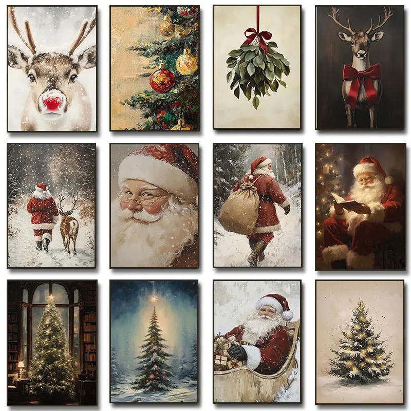 عيد الميلاد إكليل شجرة سانتا كلوز قماش اللوحة المشارك النباتية الشتاء العتيقة خمر جدار ديكور مزرعة عطلة دائمة الخضرة #1