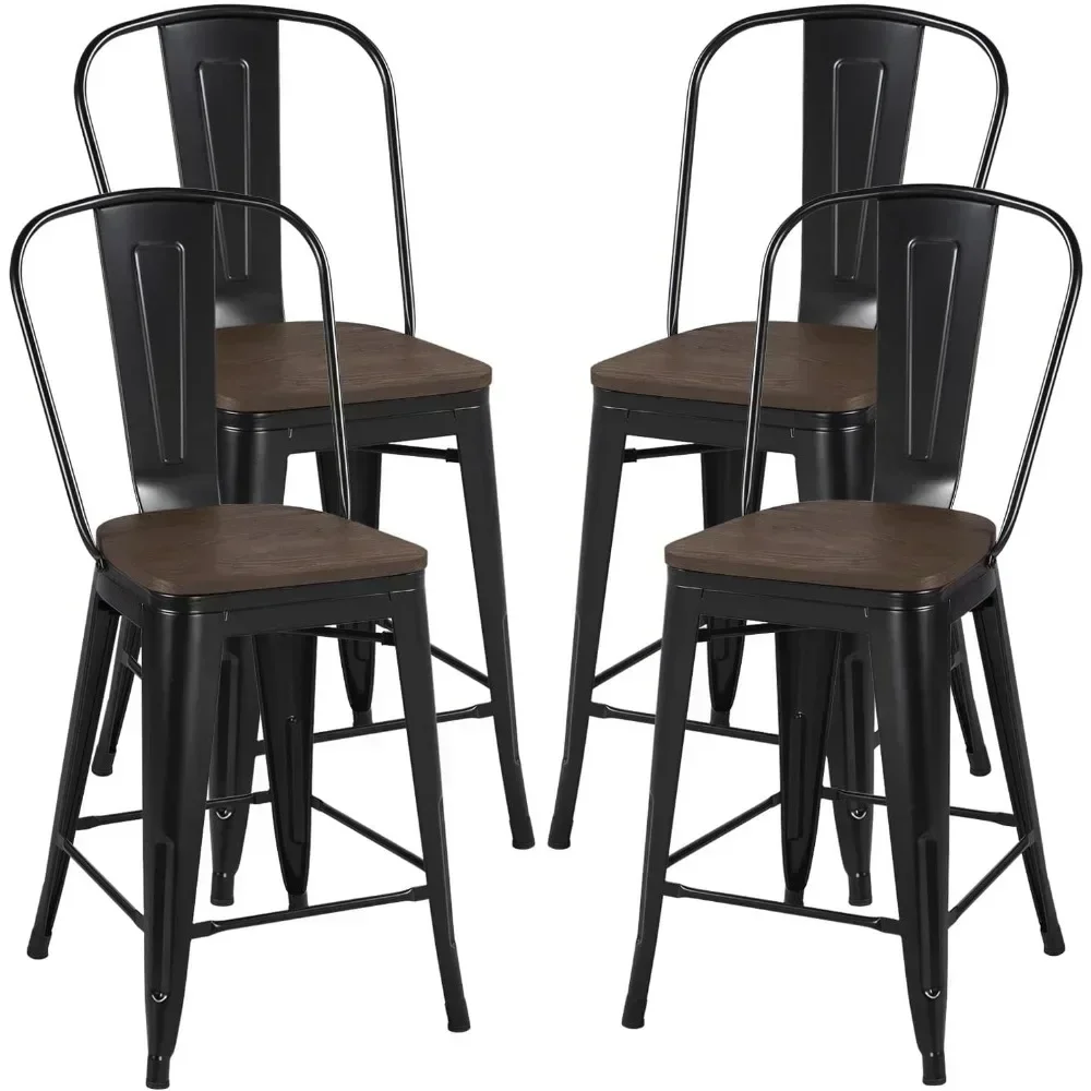 

24Inch Seat Height Dining Stools Chairs with Wood Seat/Top and High Backrest, Industrial Metal Counter Height Stool, Set of 4