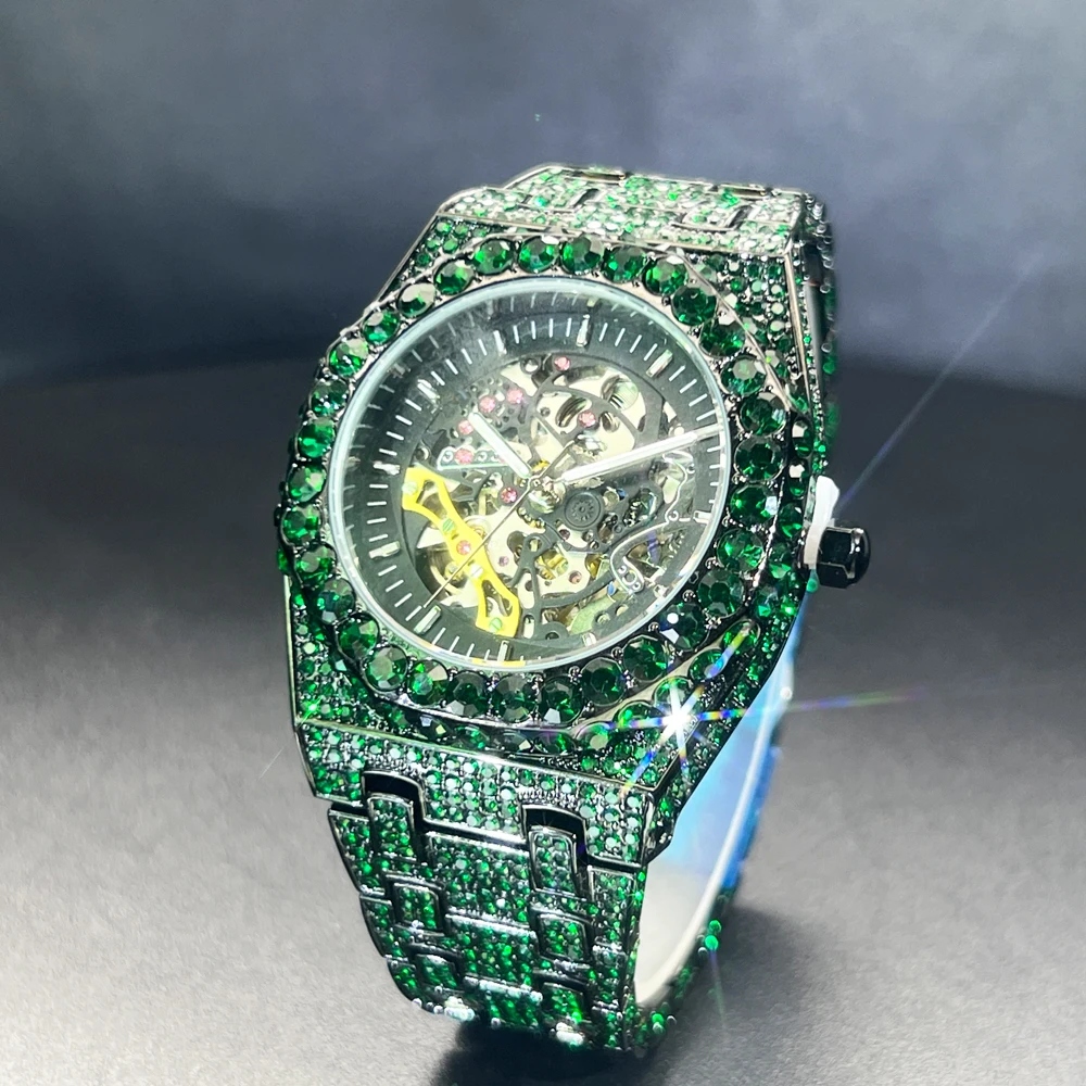 Men Mechanical Watch Green Full Baguette Original Automatic Men's Skeleton Watches Diamond Luminous Luxury Waterproof Hand Clock