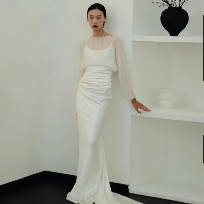 

French Retro Style White Acetate Satin Long Sleeve Small Train Bridal Reception Light Wedding Dress Socialite Banquet Gown
