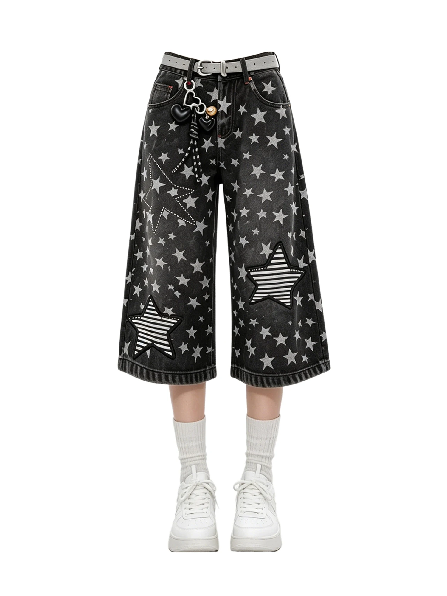 Women's Black Gothic Star Cropped Jeans Retro Jean Pants Vintage Harajuku Grunge Hiphop Y2k Wide Leg Mid Denim Trousers Summer