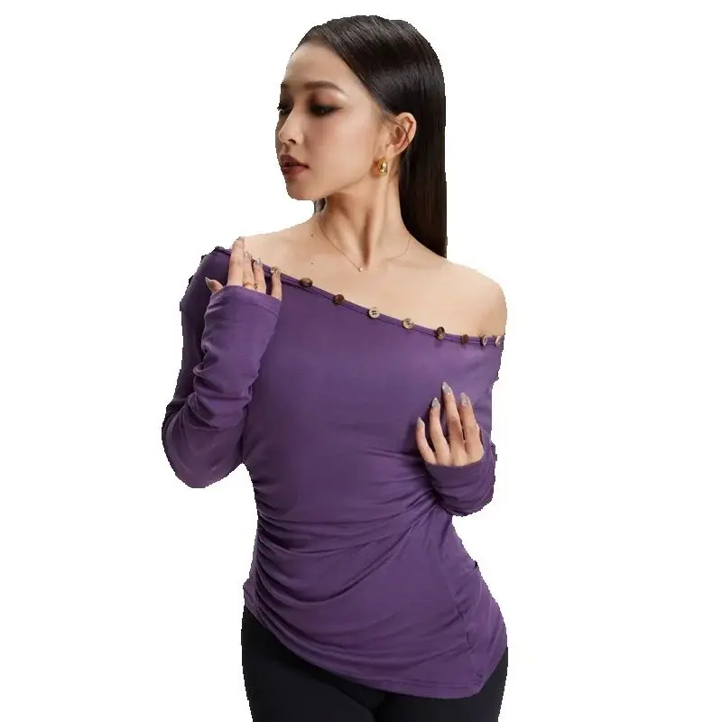 Schuine Schouder Latin Dans Praktijk Top Dames Rumba Ballroom Dans Tops Volwassenen Salsa Lange Mouwen Latin Dans Slijtage SL14621