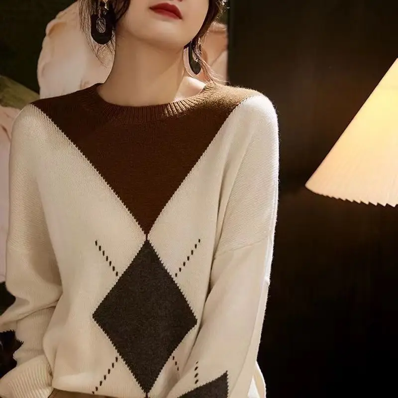 Woman\'s Sweaters Autumn Winter New Sytle Long Sleeve Casual Coats Female Pullover O-Neck Patchwork 100% Wool Knitted Tops Jumper