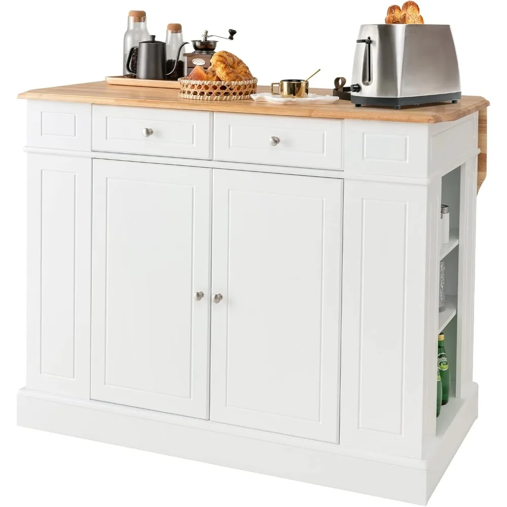 Kitchen Island with Drop Leaf, Kitchen Storage Cabinet with Rubber Wood Top, 2 Drawers, 5 Adjustable Shelves & Spice Racks