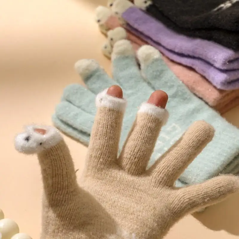 Women Cute Cartoon Touchscreen Winter Gloves, Warm Fleece Full Finger Gloves for Cold Weather