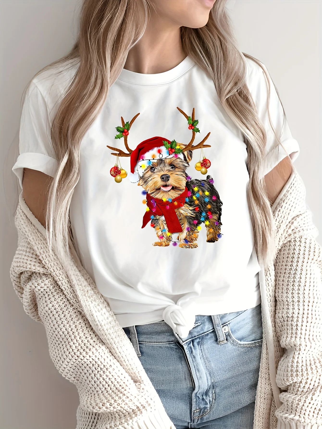 Christmas T Shirt Cute Puppy Santa Hat Antler Christmas Light Print Casual Short Sleeve for Women Xmas Holiday Party Daily Top