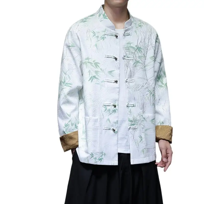 

Spring New Chinese Style Retro Button Jacket Plus Size Stand Collar Tang Suit Bamboo Leaf Print Shirt