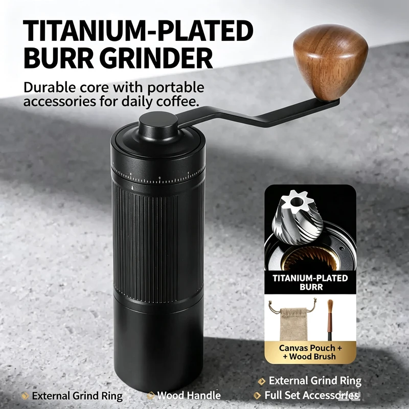 Manual Coffee Grinder with External Grind Setting Adjustment, CNC Seven-Star Grinding Core, Portable Outdoor Coffee Grinder