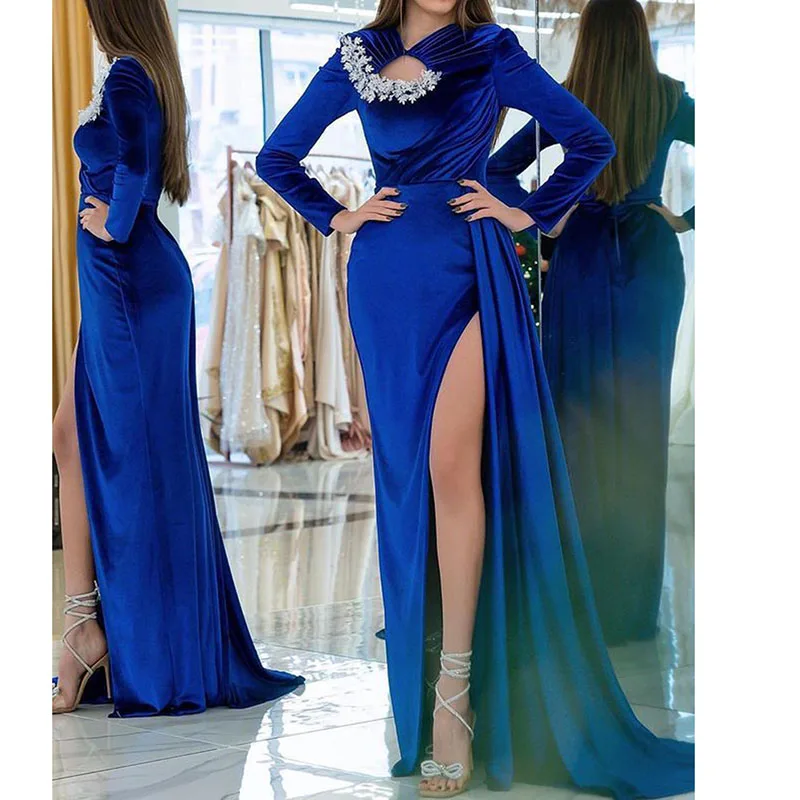 SoDigne-Royal Blue Sereia Vestidos de noite, fenda lateral, mangas compridas, vestido de baile formal, Arábia Saudita Ocasião, Vestidos de baile, 2023