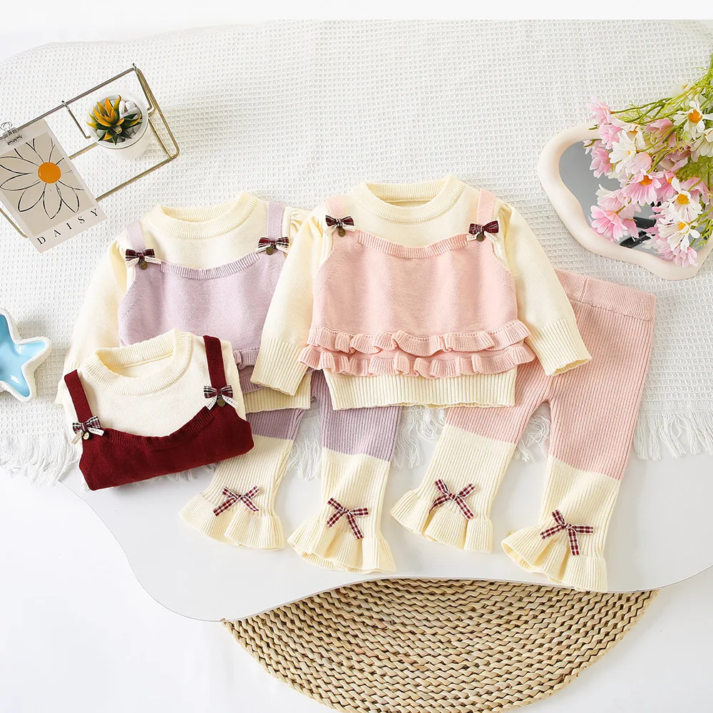 Baby Girls Clothes Sets Spring Autumn Children Woolen Jersey Sweaters Tops Leggings 2pcs Cute Suit Toddler Knitted Outfits 1 2Y